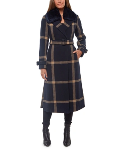 Vince Camuto Faux-fur-collar Plaid Maxi Coat In Navy/camel Plaid