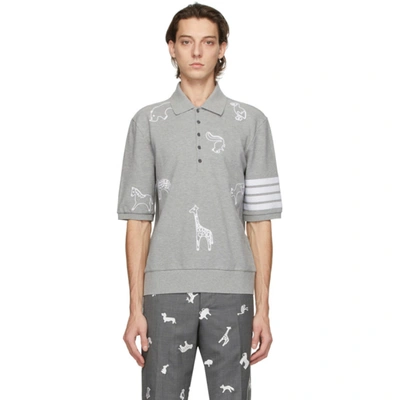 Thom Browne 4-bar Animal Print Polo Shirt In Grey