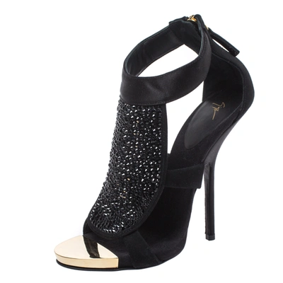 Pre-owned Giuseppe Zanotti Black Satin And Suede Crystal Embellished Ankle Strap Sandals Size 38