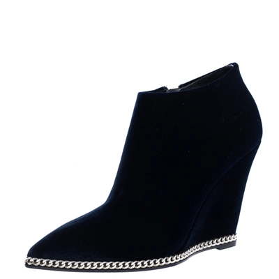 Pre-owned Giuseppe Zanotti Navy Blue Velvet Chain Embellished Wedge Ankle Boots Size 37