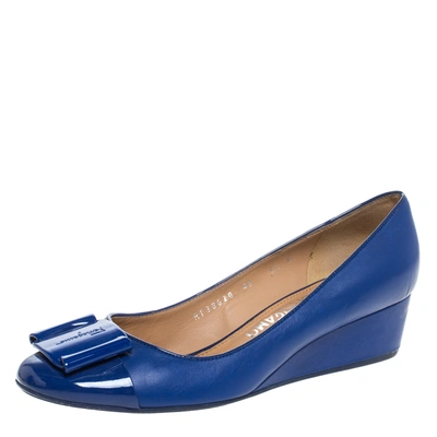Pre-owned Ferragamo Blue Leather And Patent 'petra' Wedge Cap Toe Pumps Size 37