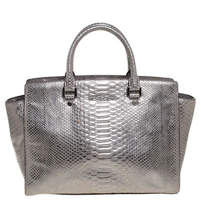 Pre-owned Michael Michael Kors Metallic Silver Python Embossed Leather Large Selma Tote
