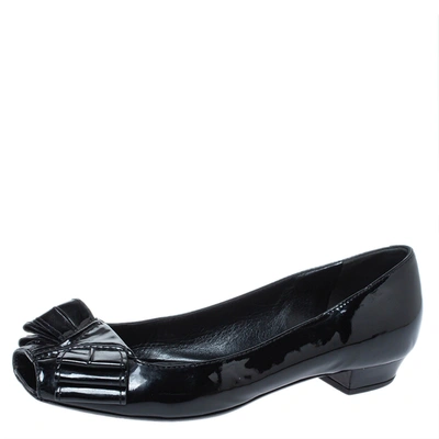 Pre-owned Saint Laurent Black Patent Leather Bow Peep Toe Ballet Flat Size 35