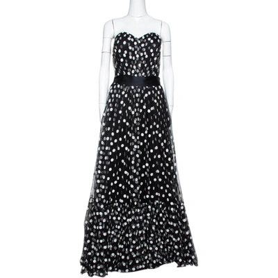 Pre-owned Dolce & Gabbana Black Polka Dot Embroidered Tulle Strapless Gown L