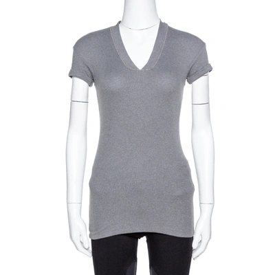 Pre-owned Brunello Cucinelli Brunello Cuccinelli Grey Rib Knit Beaded Neck Fitted Top S