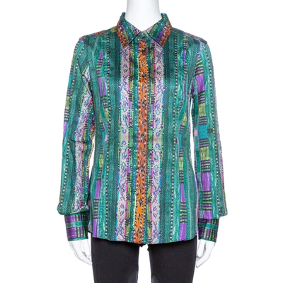 Pre-owned Etro Green Printed Stretch Cotton Long Sleeve Shirt L