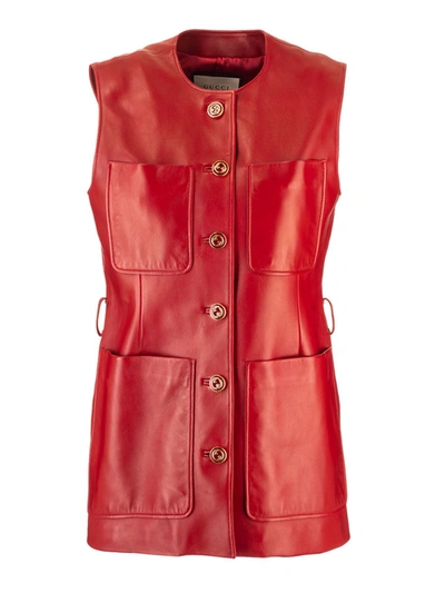 Gucci Long Plongé Leather Waistcoat In Red