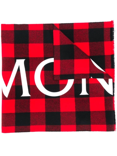 Moncler Logo-check Wool Scarf In Red