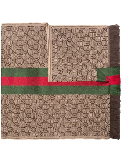 Gucci Web Detail Gg Wool And Silk Scarf In Neutrals