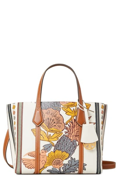 Tory Burch Small Perry Print Leather Tote In Orange Wonderland Vine