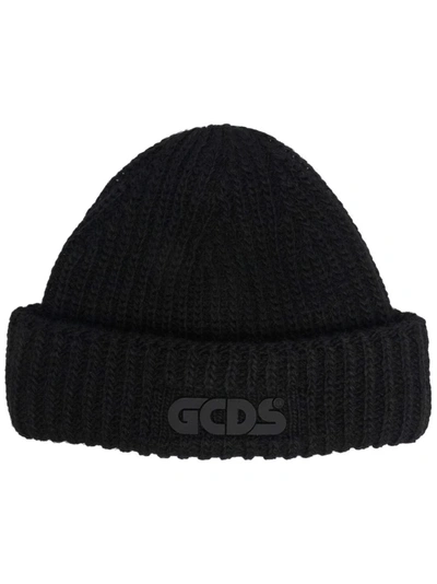 Gcds Kids Black Ribbed Hat With Rubber Logo In Schwarz