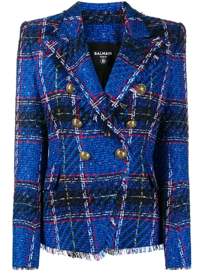 Balmain Double-breasted Frayed Checked Tweed Blazer In Blue