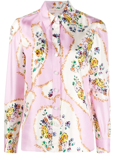 Tory Burch Pink Foral-print Silk-twill Blouse In 653 Pink Porcelain Floral