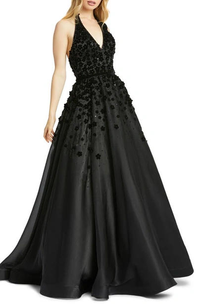 Mac Duggal Floral Appliqué Beaded Halter Neck Backless Gown In Black