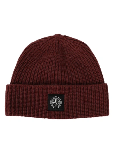 Stone Island Wool Knit Ribbed Beanie Hat In Brown