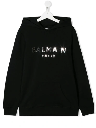 Balmain Teen Mirrored Logo Hoodie In Black