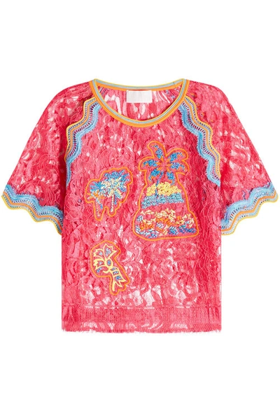 Peter Pilotto Embroidered Floral-lace Top In Fuchsia