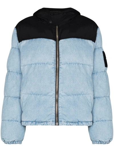 Alexander Wang Puffer Hybrid Hooded Quilted Padded Denim And Shell Jacket In Light Blue