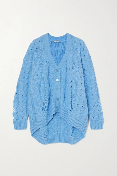 Stella Mccartney Distressed Cable-knit Alpaca-blend Cardigan In Light Blue