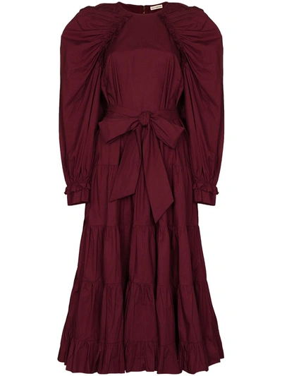 Ulla Johnson Samar Belted Tiered Ruched Cotton-poplin Midi Dress In Burgundy