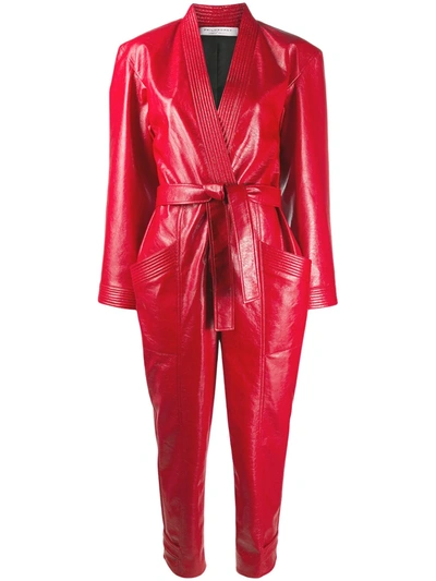 Philosophy Di Lorenzo Serafini Belted Faux Textured-leather Jumpsuit In Claret
