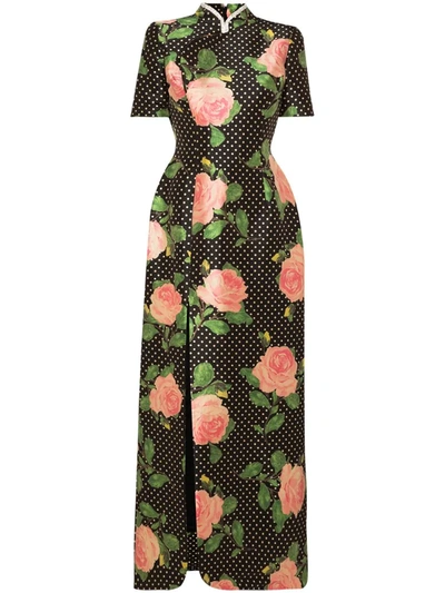 Richard Quinn Slit-hem Polka Dot Rose-print Duchess-satin Dress In Multicolour