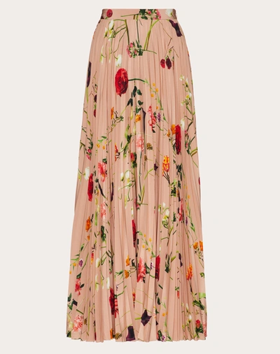 Valentino Crepe De Chine Pleated Skirt With Print In Pink