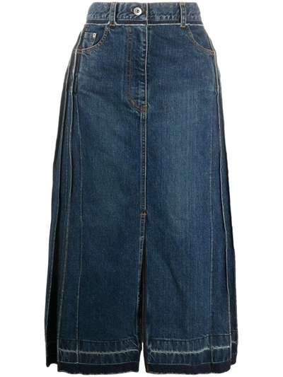 Sacai Panelled Denim Pleated Skirt In Blue/ Khaki