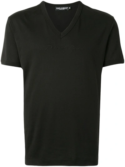 Dolce & Gabbana Embroidered Logo V-neck T-shirt In Black