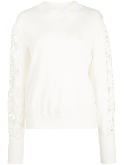 Oscar De La Renta Ruffle-trimmed Ribbed Silk-blend Sweater In White