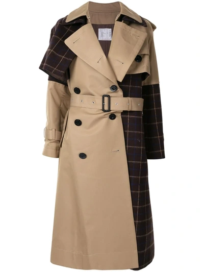 Sacai Beige Windowpane Check Panel Two-tone Trench Coat In Beige/blue