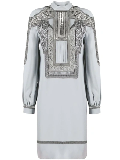 Alberta Ferretti Embroidered Long-sleeve Mini Dress In Grey