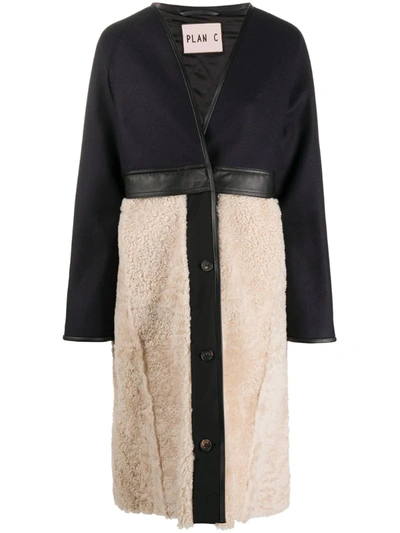 Plan C Colour-block Shearling Coat In Neutrals