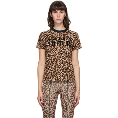 Versace Jeans Couture Beige & Black Leopard Logo T-shirt In E750 Lark