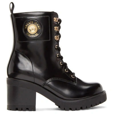 Versace Jeans Couture Black Ankle Boots With Logo In E899 Black
