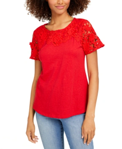 Charter Club Cotton Lace-embellished T-shirt, Created For Macy's In Red Barn