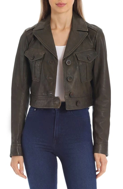 Avec Les Filles Leather Crop Trucker Jacket In Military