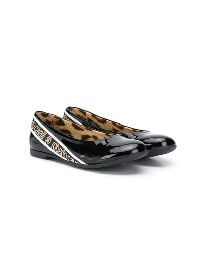 Roberto Cavalli Teen Logo Tape Ballerina Shoes In Black