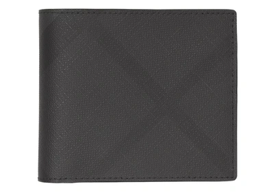 Pre-owned Burberry International Bifold Wallet London Check And Leather (8 Card Slot) Dark Charcoal