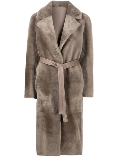 Blancha Belted Fur-trim Coat In Grey