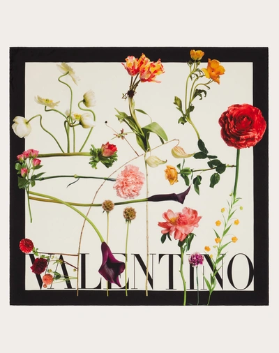 Valentino Garavani Flower Print Silk Twill Foulard 90x90 Cm / 35.4x35.4 In. In Ivory/multicolor