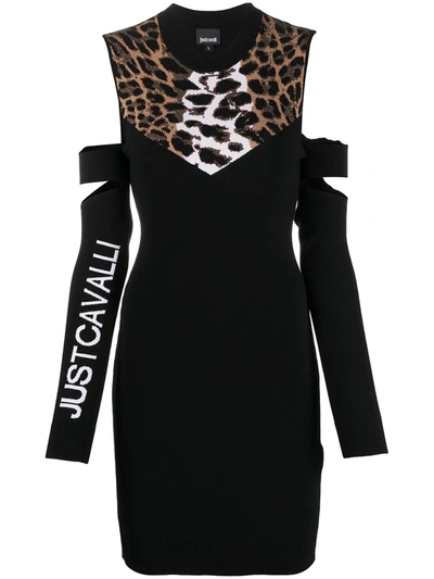 Just Cavalli Cold-shoulder Cutout Jacquard And Stretch-knit Mini Dress In Black