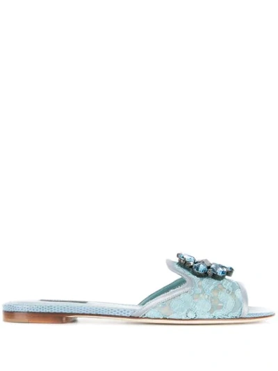 Dolce & Gabbana Crystal-embellished Lace Slides In Blue