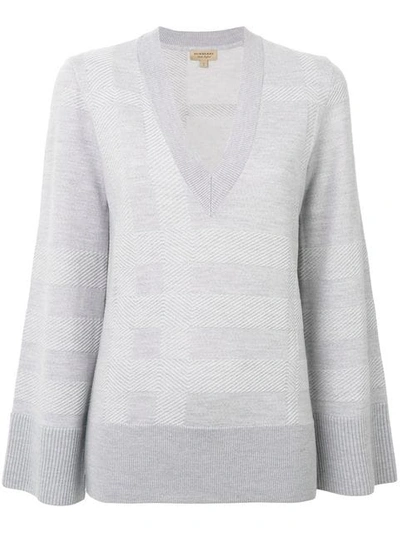 Burberry Angell V-neck Bell-sleeve Check Sweater In Pale Gray