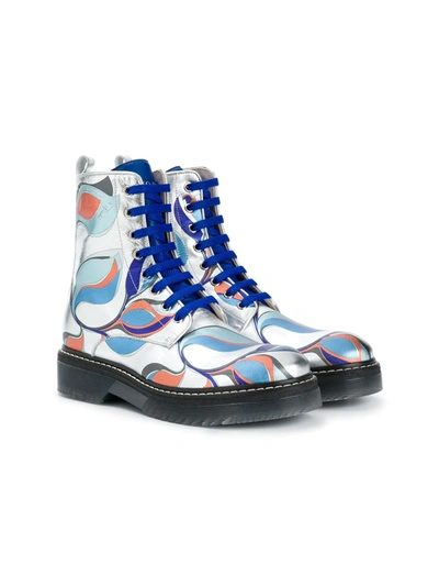 Emilio Pucci Junior Teen Abstract Print Cargo Boots In Silver