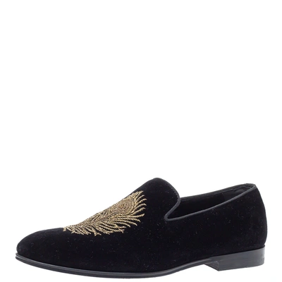 Pre-owned Alexander Mcqueen Black Velvet Feather Embroidered Smoking Slippers Size 40