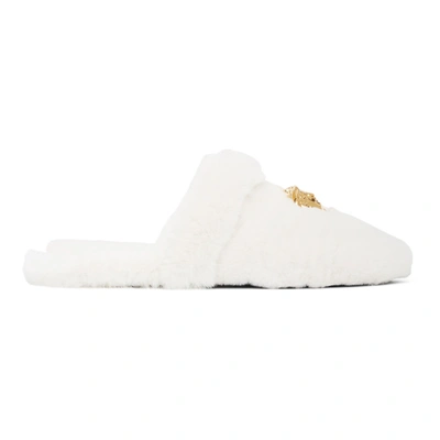 Versace Logomania Faux Fur Slipper In Z1001 White