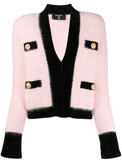 Balmain Velvet-trimmed Angora-blend Sweater In Pink