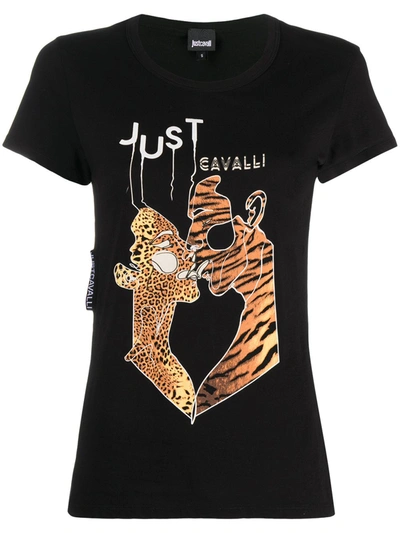 Just Cavalli Animal Print Kiss T-shirt In Black