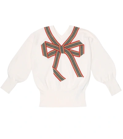 Burberry Kids' Arabelle Icon Stripe Bow Wool & Silk Sweater In Ivory